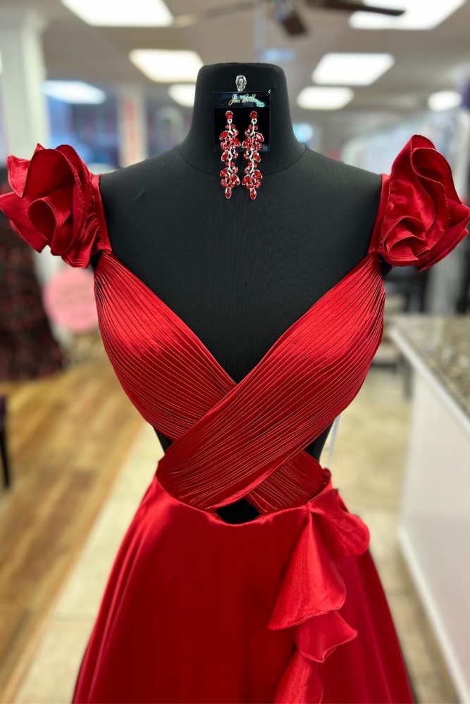 Red Crossed Top Ruffled Tiered A-Line Prom Dress with Slit