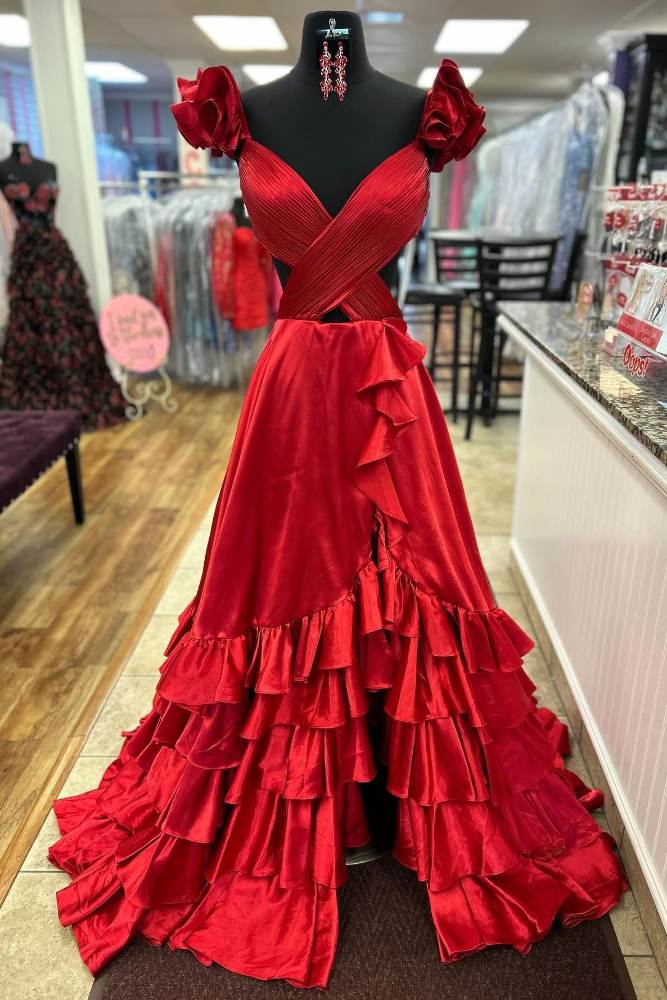 Red Crossed Top Ruffled Tiered A-Line Prom Dress with Slit