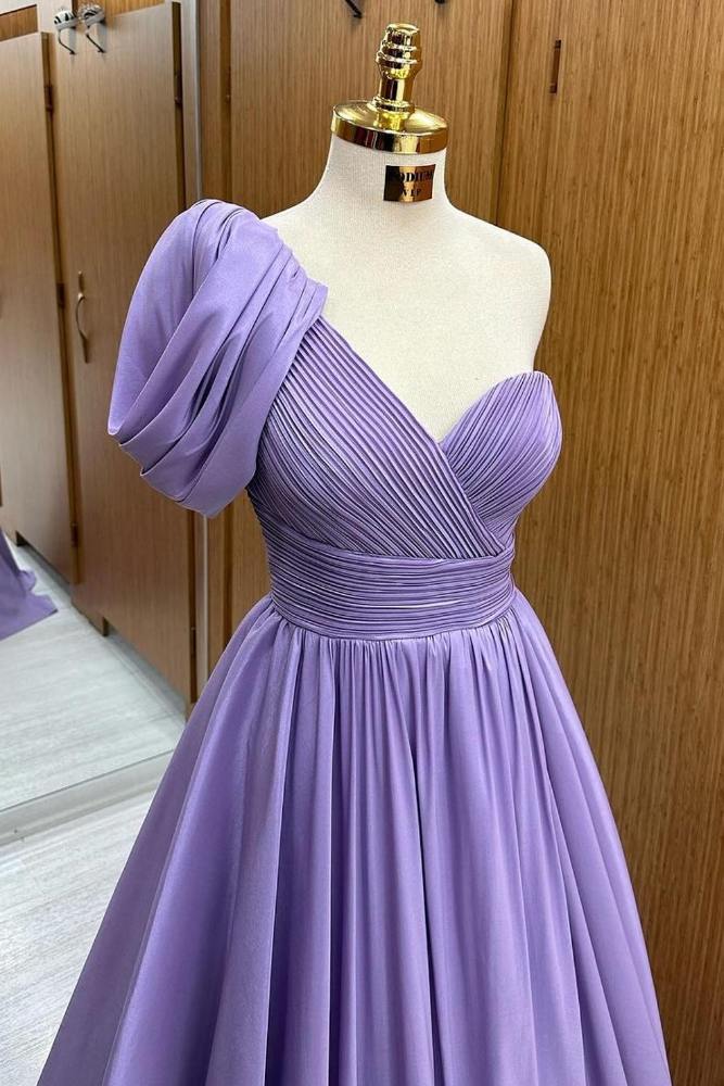 Lavender One Shoulder Pleated Ruffle Prom Dress