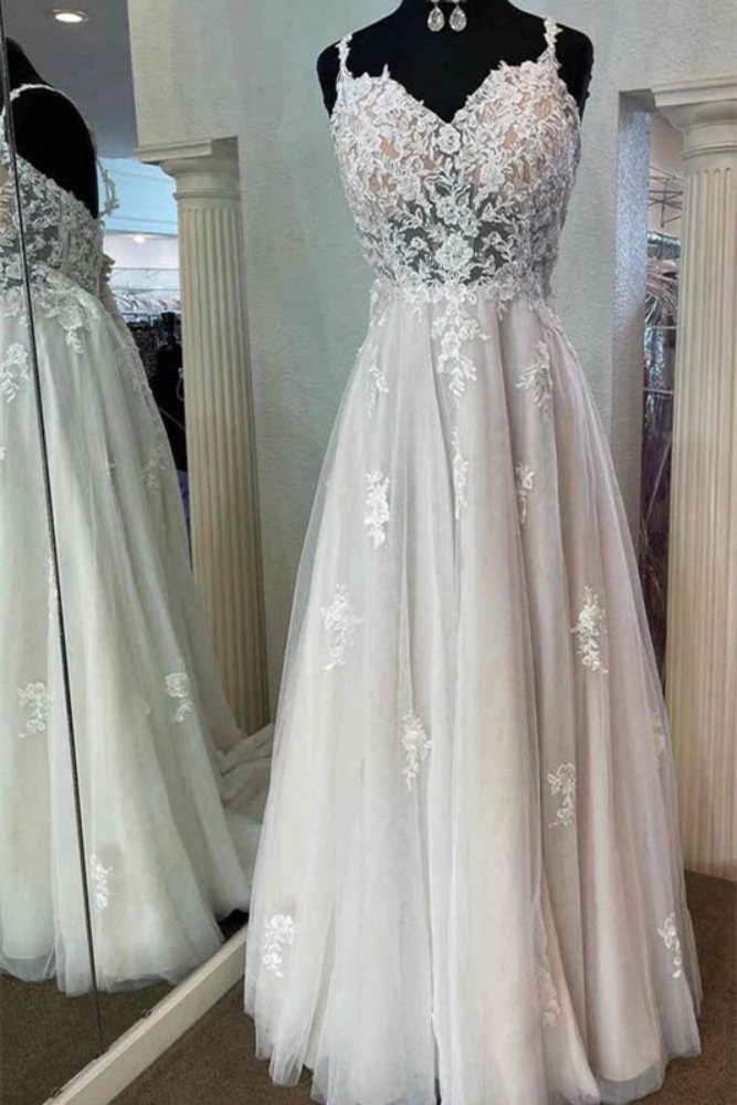 Ivory Straps Applique A-Line Long Wedding Dress