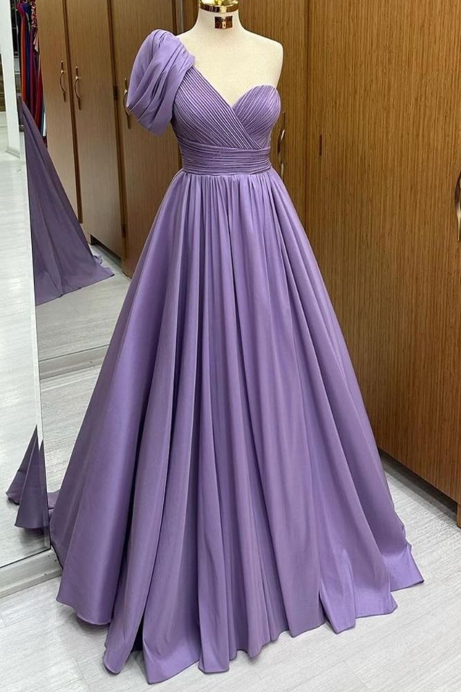 Lavender One Shoulder Pleated Ruffle Prom Dress