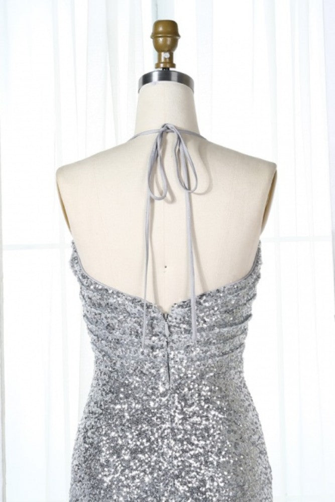 Silver Halter Sequin Long Bridesmaid Dress