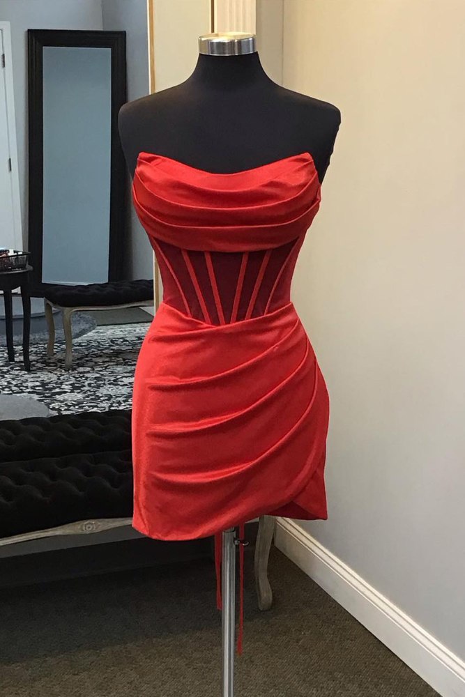 Red Strapless Boned Ruched Homecoming Dress with Lace-up