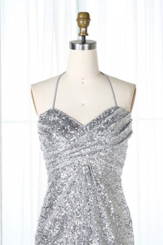 Silver Halter Sequin Long Bridesmaid Dress