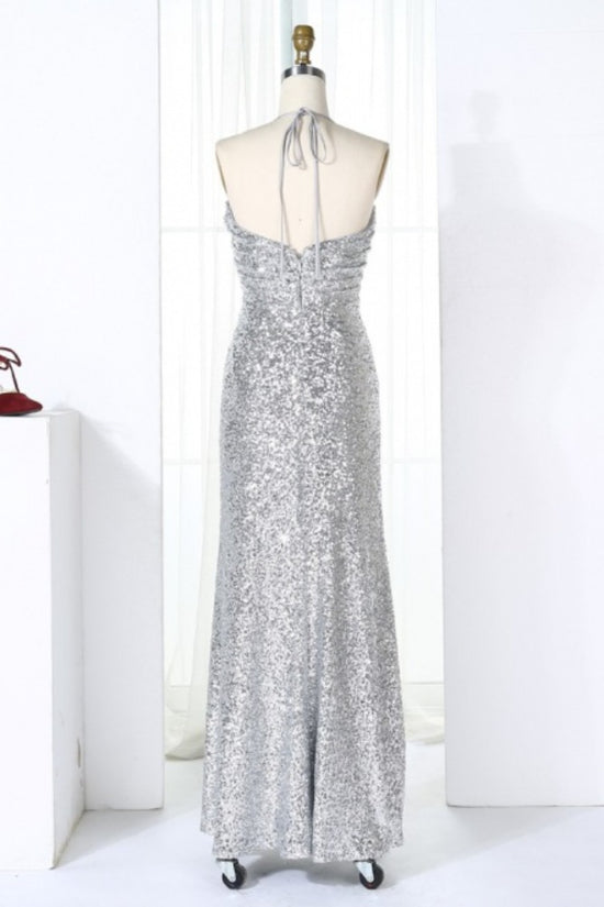 Silver Halter Sequin Long Bridesmaid Dress