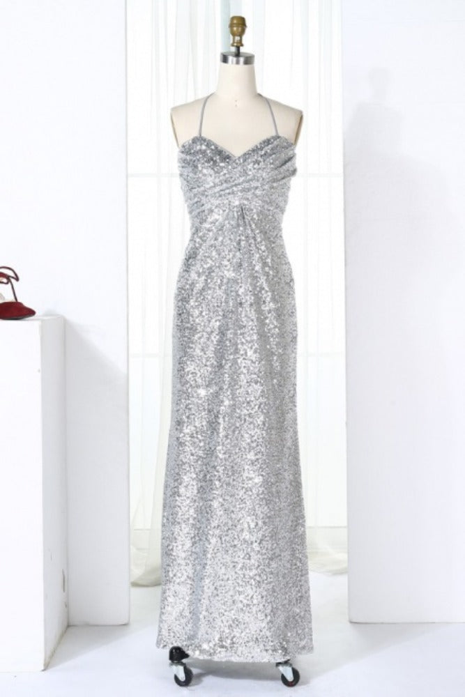 Silver Halter Sequin Long Bridesmaid Dress