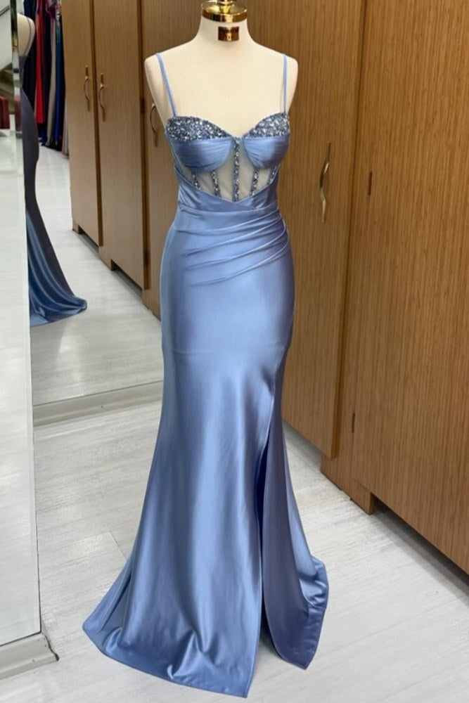 Dusty Blue Straps Sequin Pleated Prom Dress with Slit