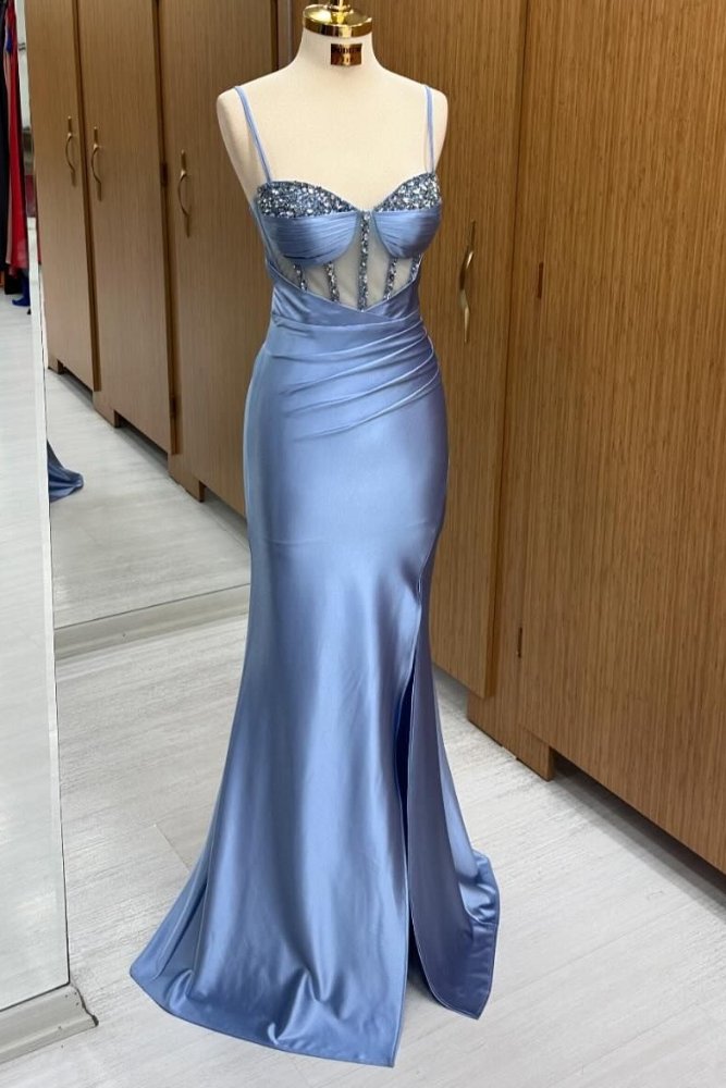 Dusty Blue Straps Sequin Pleated Prom Dress with Slit