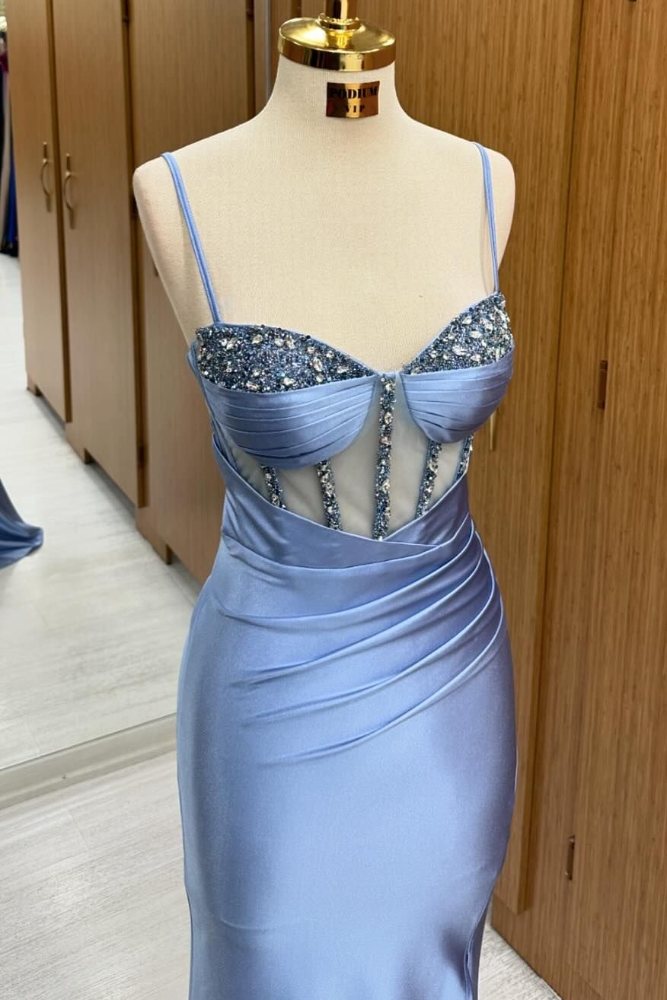 Dusty Blue Straps Sequin Pleated Prom Dress with Slit