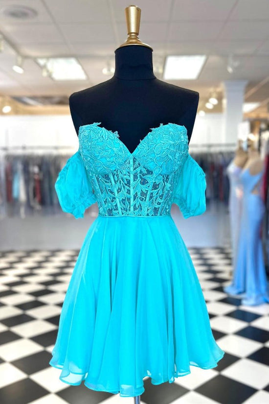 Puff Sleeve Applique A-line Homecoming Dress with Lace-up Movousdress Puff Sleeve Applique A-line Homecoming Dress with Lace-up Movousdress