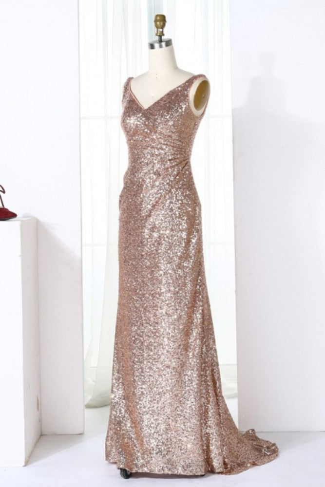 Champagne V-Neck Sequin Long Bridesmaid Dress