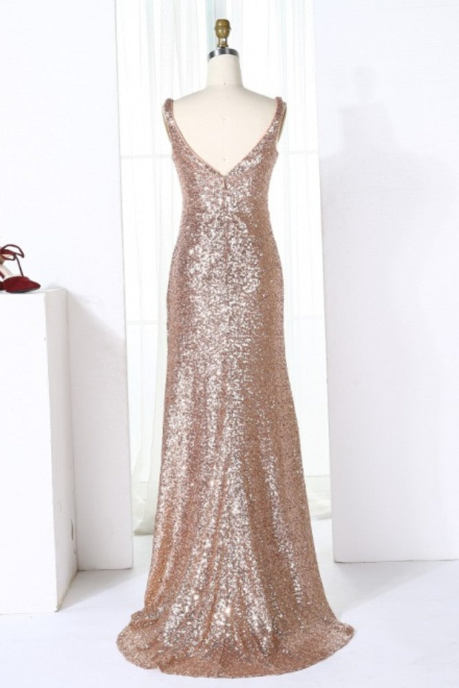 Champagne V-Neck Sequin Long Bridesmaid Dress