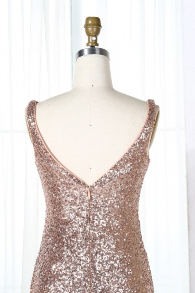 Champagne V-Neck Sequin Long Bridesmaid Dress