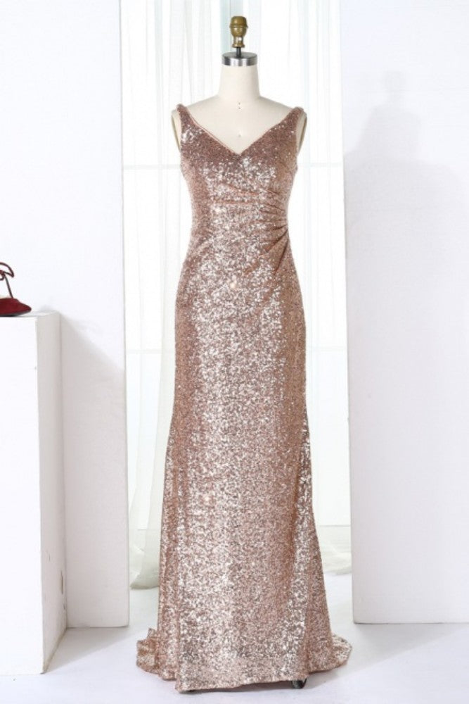 Champagne V-Neck Sequin Long Bridesmaid Dress