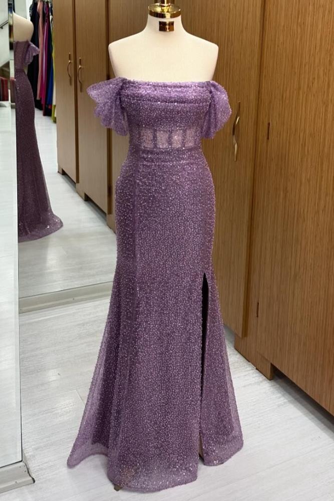 Purple Off the Shoulder Sequin Beaded Slit Prom Dress