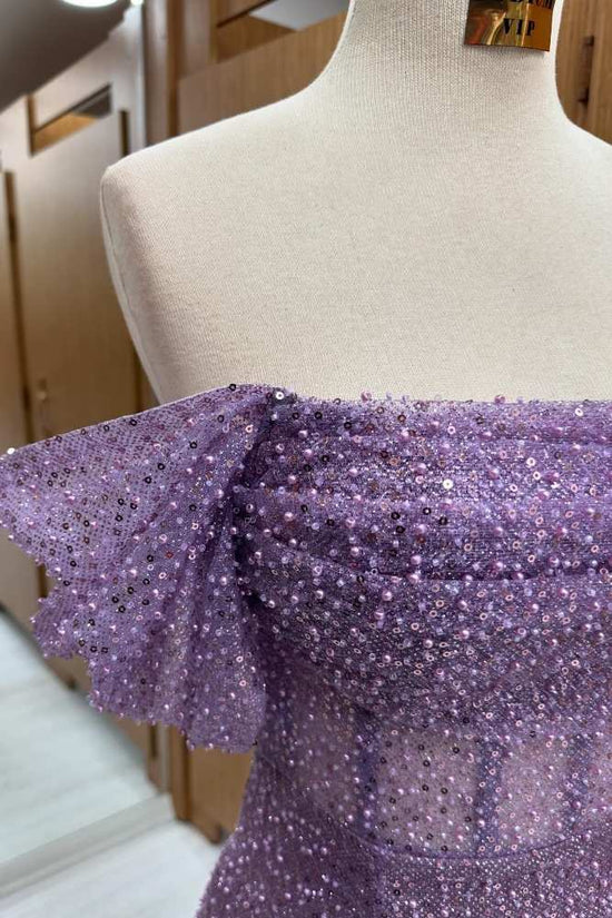 Purple Off the Shoulder Sequin Beaded Slit Prom Dress