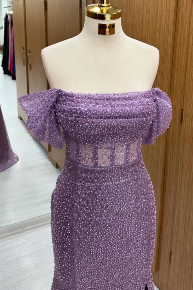 Purple Off the Shoulder Sequin Beaded Slit Prom Dress