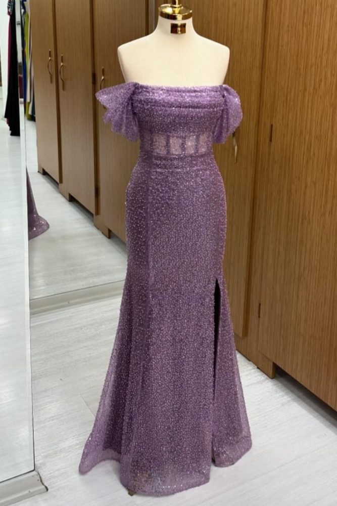 Purple Off the Shoulder Sequin Beaded Slit Prom Dress