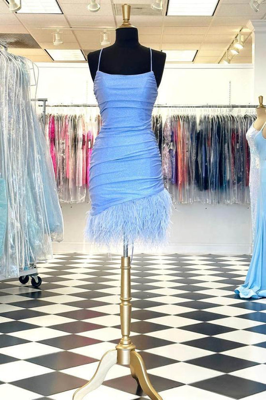 Light Blue Spaghetti Straps Tight Homecoming Dress with Feathers