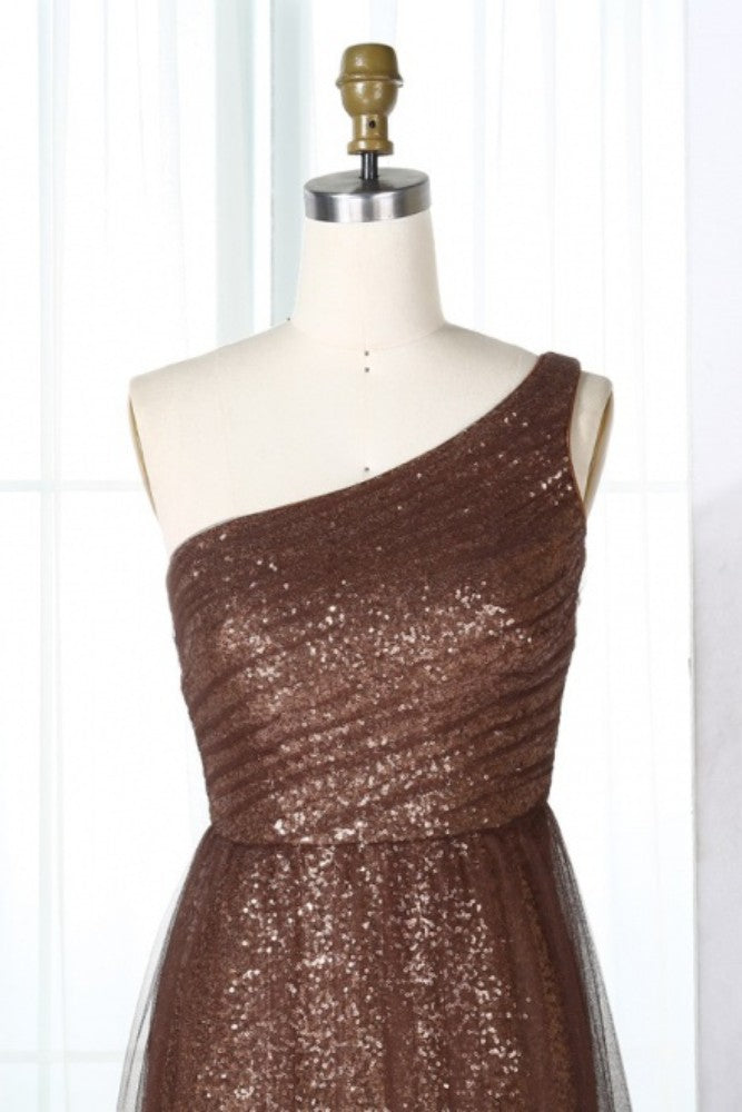 Brown One Shoulder Sequin Bridesmaid Dress