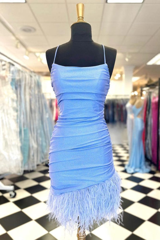 Light Blue Spaghetti Straps Tight Homecoming Dress with Feathers