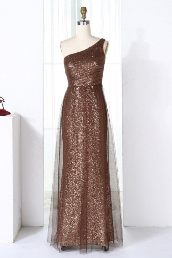 Brown One Shoulder Sequin Bridesmaid Dress