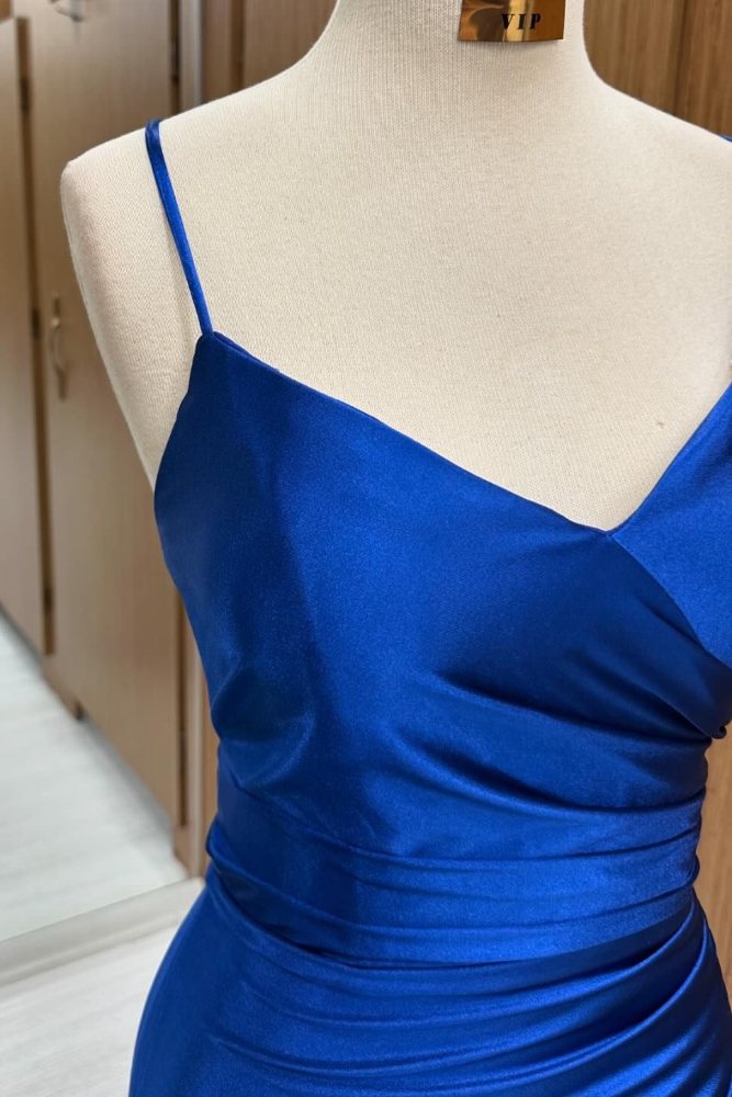 Royal Blue V-Neck Pleated Mermaid Prom Dress with Lace-up