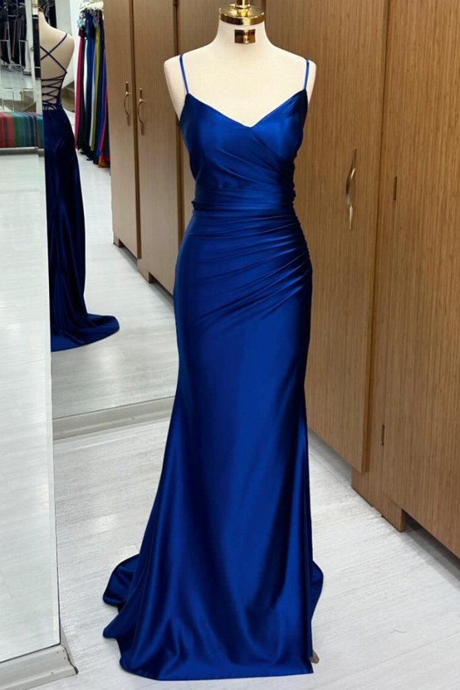 Royal Blue V-Neck Pleated Mermaid Prom Dress with Lace-up