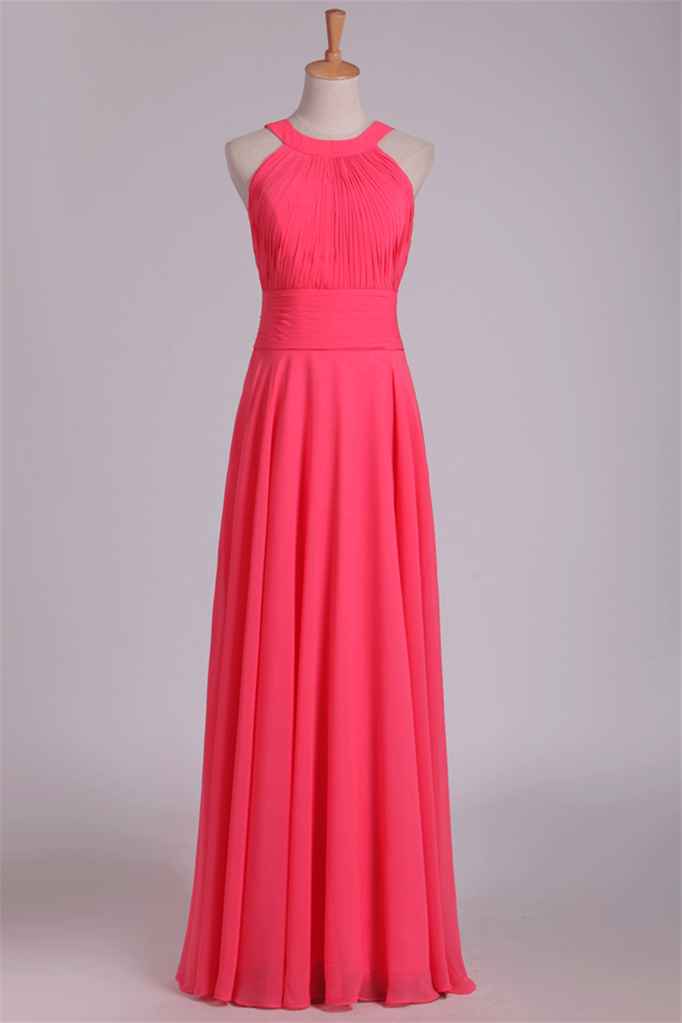 Watermelon Halter Chiffon Long Bridesmaid Dress