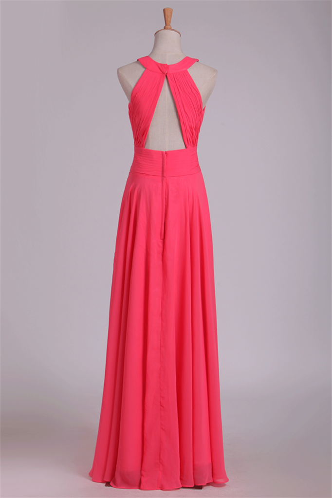 Watermelon Halter Chiffon Long Bridesmaid Dress