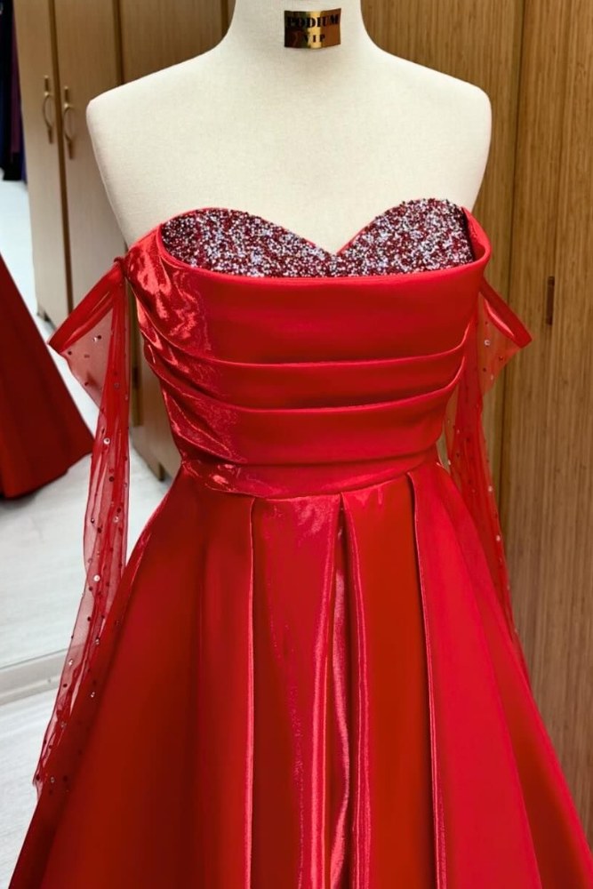 Red Off the Shoulder Sequin Pleated A-Line Prom Dress