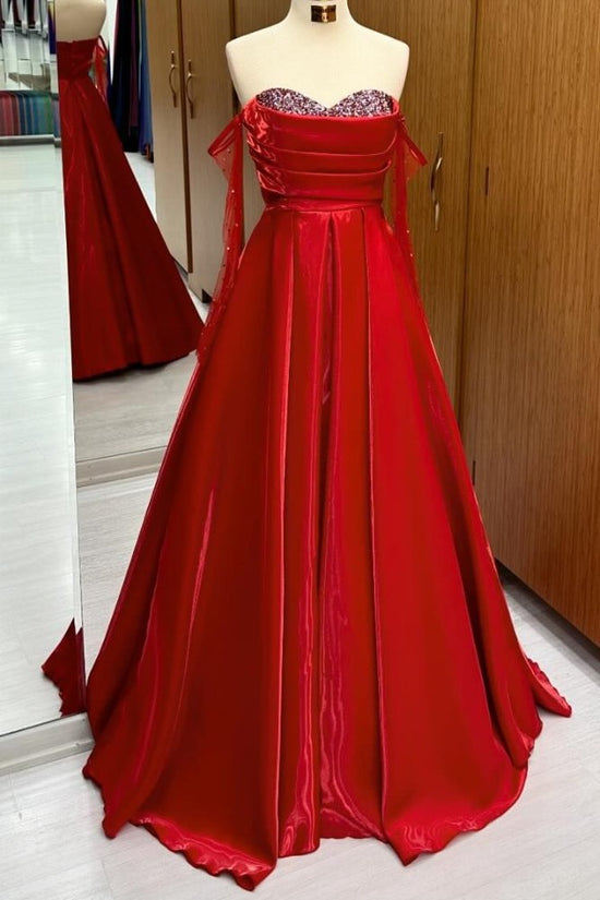 Red Off the Shoulder Sequin Pleated A-Line Prom Dress