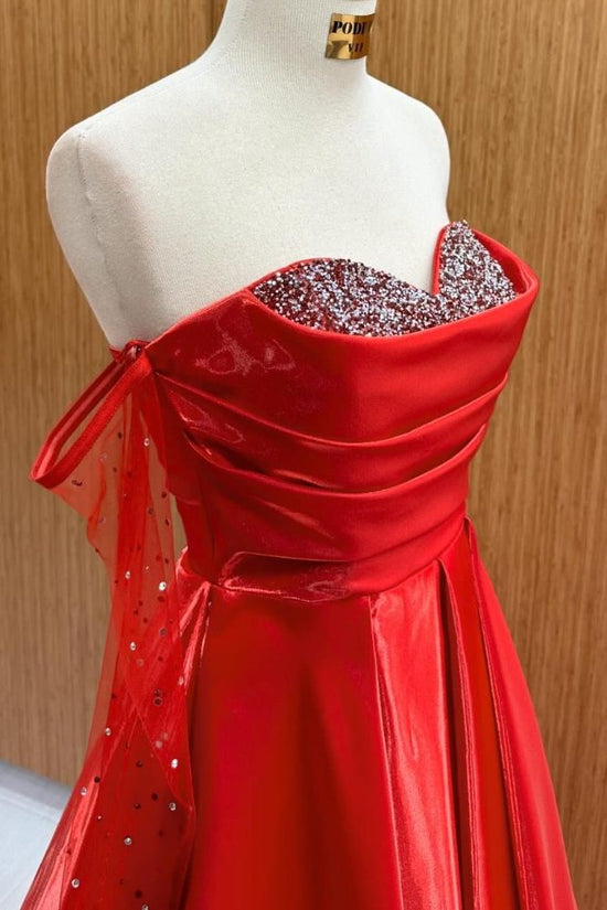 Red Off the Shoulder Sequin Pleated A-Line Prom Dress