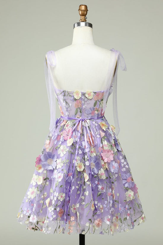 Bow Tie Straps Lavender 3D Flora Short Homecoming Dress