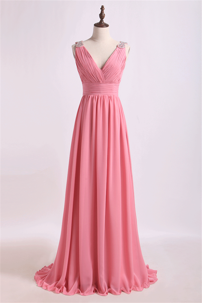 Blush Pink V-Neck Pleated Long Bridesmaid Dress