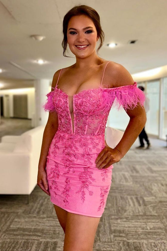 Hot Pink Strapless Applique Bodycon Homecoming Dress with Feather