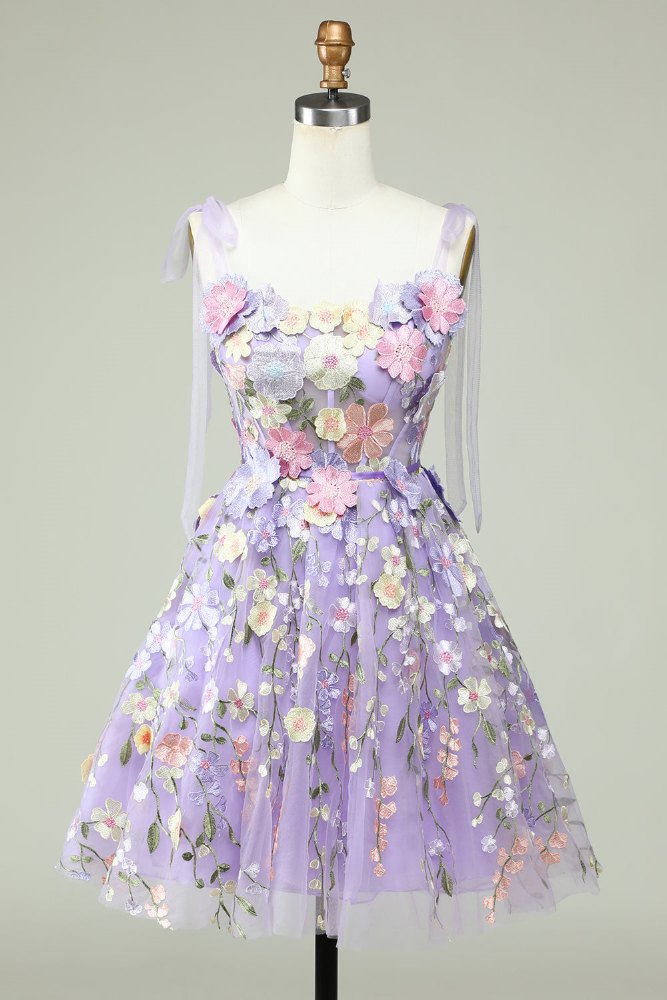 Bow Tie Straps Lavender 3D Flora Short Homecoming Dress