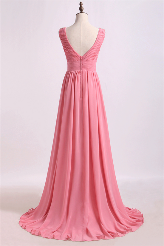 Blush Pink V-Neck Pleated Long Bridesmaid Dress