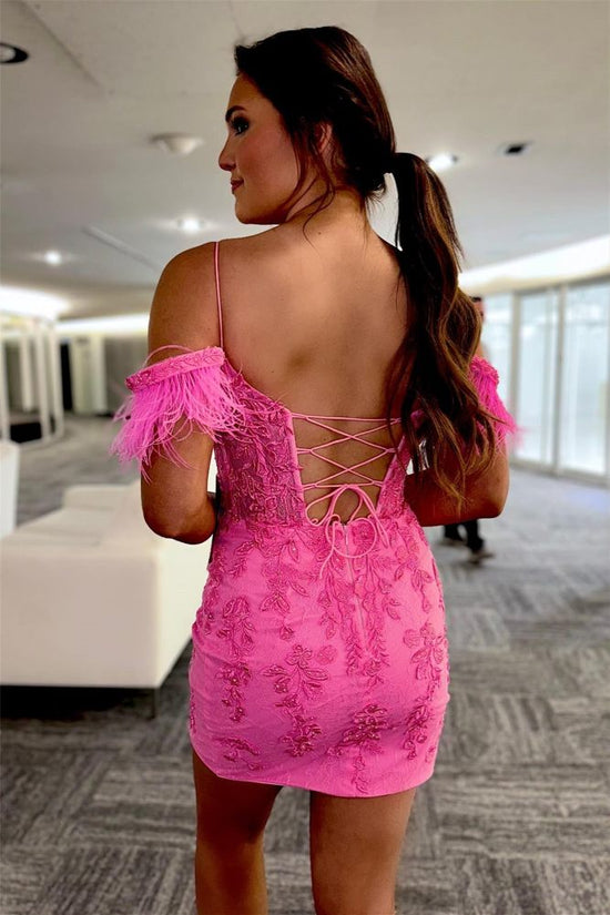 Hot Pink Strapless Applique Bodycon Homecoming Dress with Feather