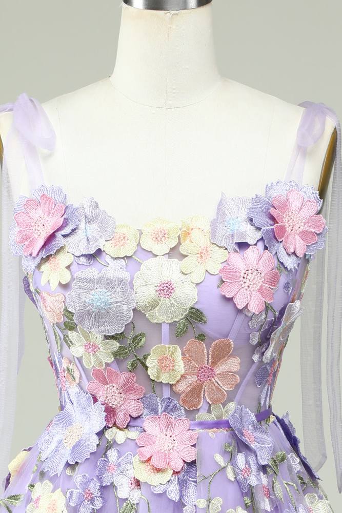 Bow Tie Straps Lavender 3D Flora Short Homecoming Dress