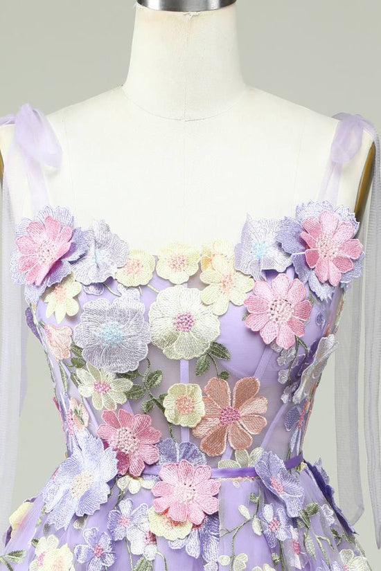 Bow Tie Straps Lavender 3D Flora Short Homecoming Dress