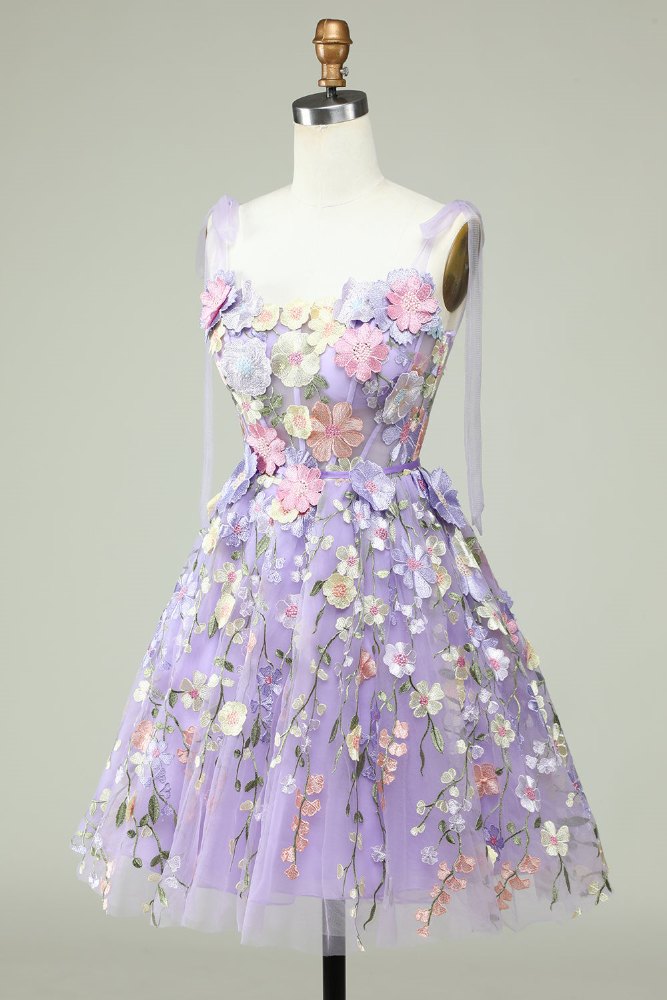 Bow Tie Straps Lavender 3D Flora Short Homecoming Dress