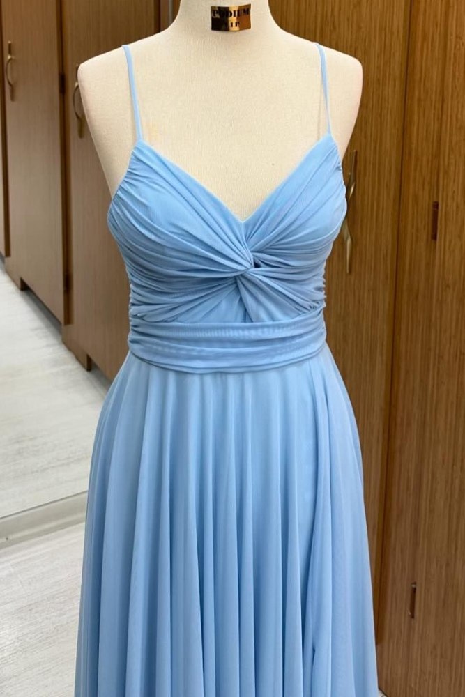 Sky Blue Straps Twisted Knot A-Line Prom Dress