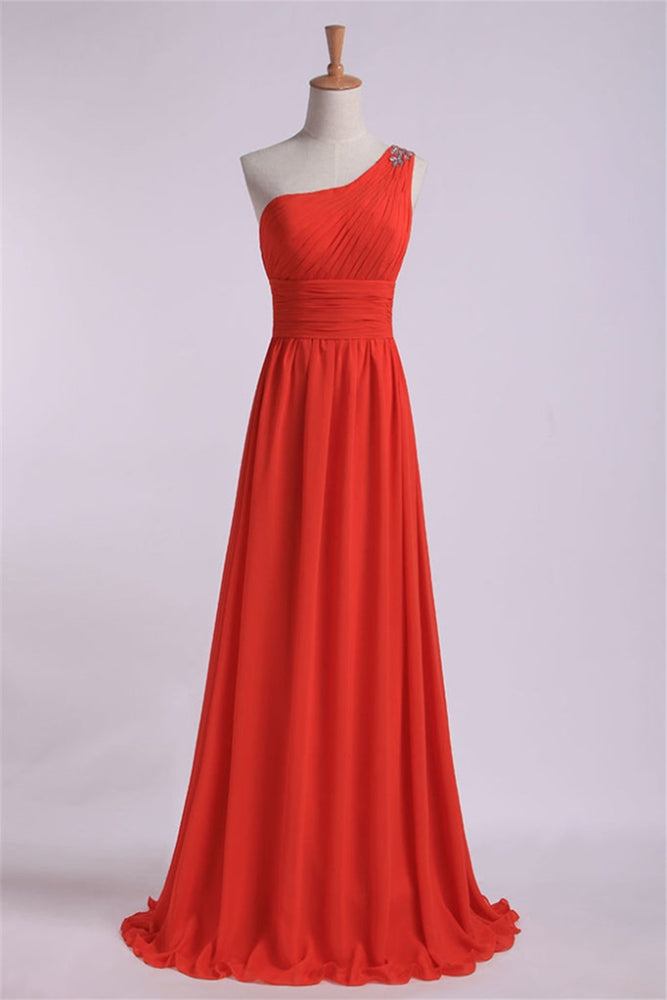 Orange One Shoulder Pleated Long Bridesmaid Dress