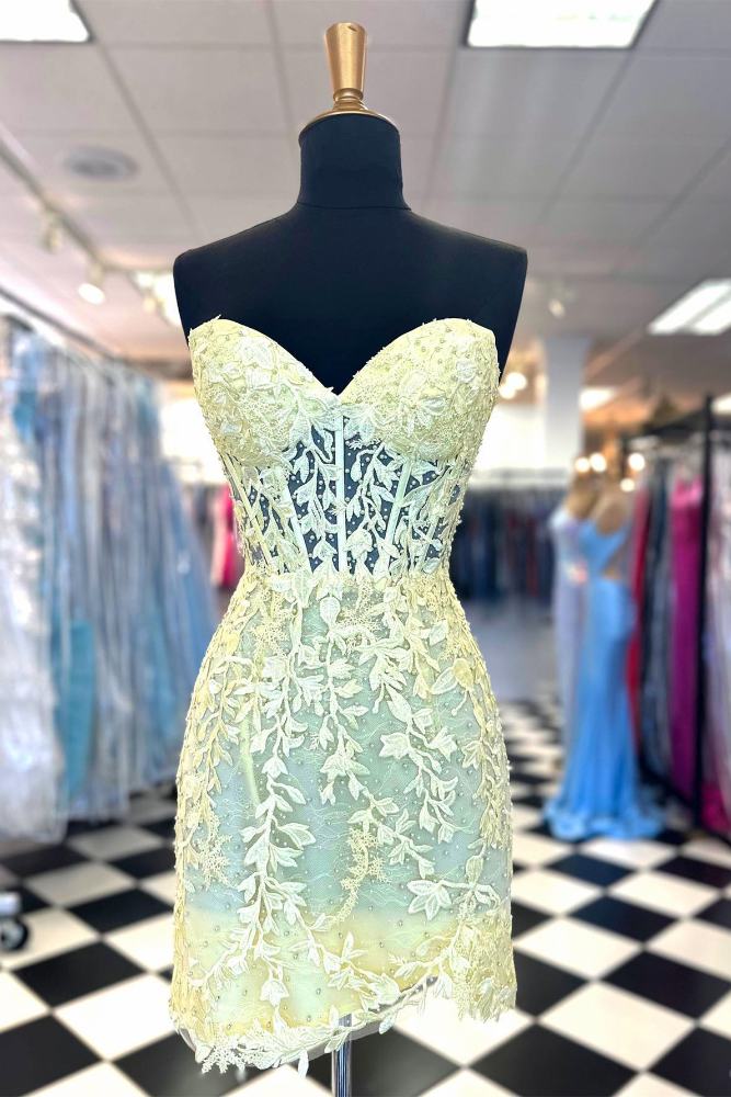 Light Yellow Applique Beaded Short Homecoming Dress