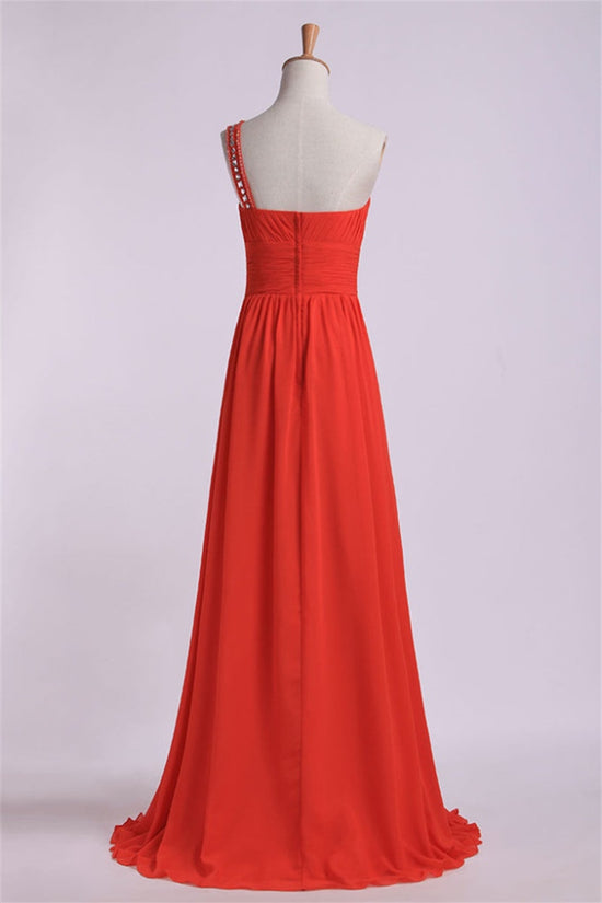 Orange One Shoulder Pleated Long Bridesmaid Dress