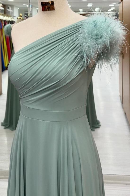 Sage Green One Shoulder A-Line Prom Dress with Feather