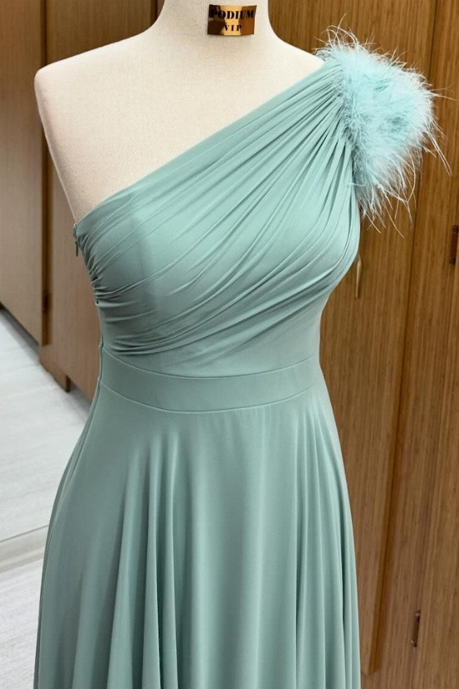 Sage Green One Shoulder A-Line Prom Dress with Feather