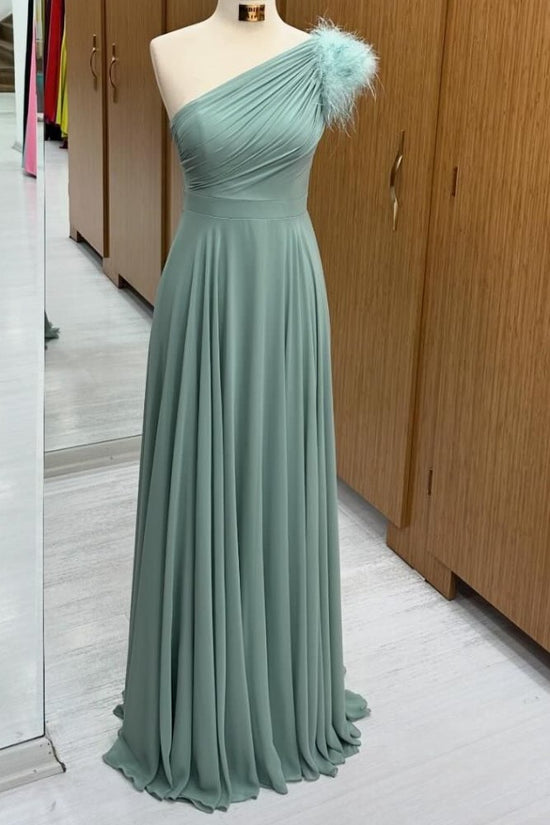 Sage Green One Shoulder A-Line Prom Dress with Feather