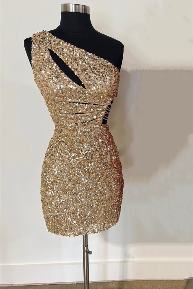 Gold One Shoulder Sequin Short Homecoming Dress